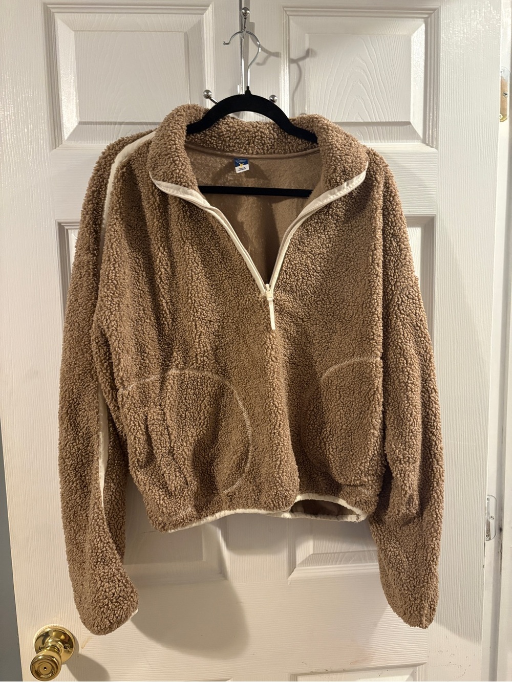 Old Navy Teddy Half-Zip Pullover Sweater - Tan with Cream Trim
